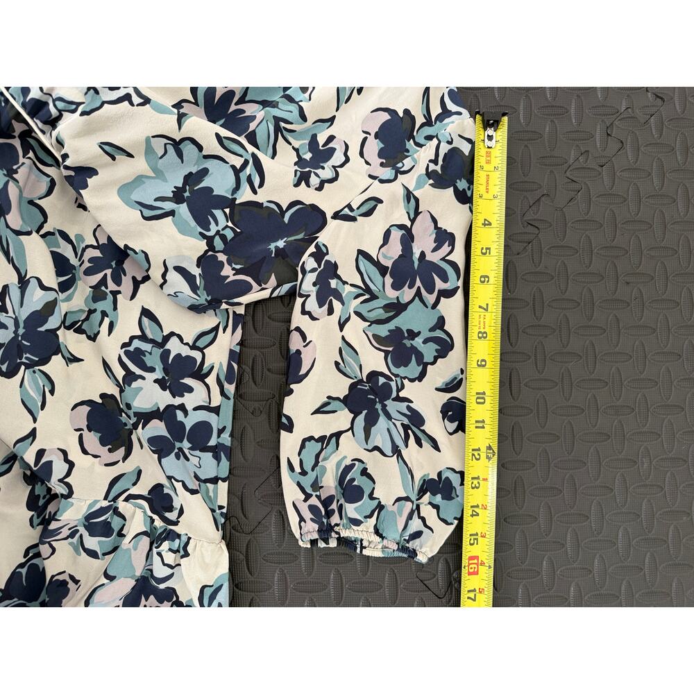 100% Silk Floral Dress Blue Cream Romantic Tiered Size L - Picture 7 of 8